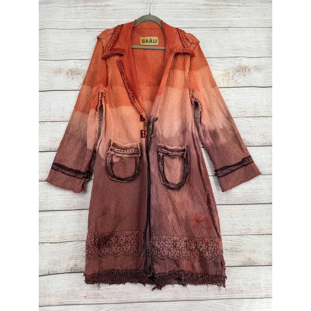 Grau Duster Cardigan Women M Orange Plum Ombre Crochet Lace Boho Longline Coat
